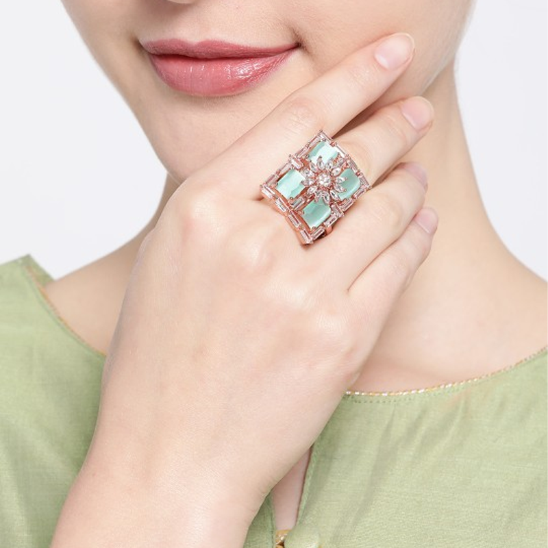 Sea Green Rose Gold-Plated CZ Studded Handcrafted Adjustable Finger Ring